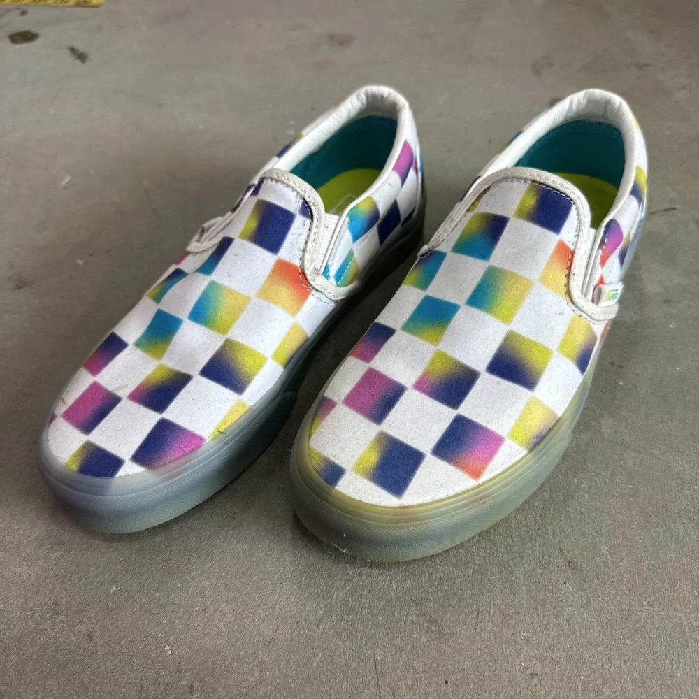 NEW Vans X Cultivate Care Rainbow Checkered Classic Slip On Women 7/Mens 5.5‎